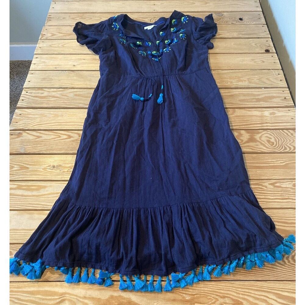 Boden Tassle Hem Embroidered Dress Size 10 Women’s Navy